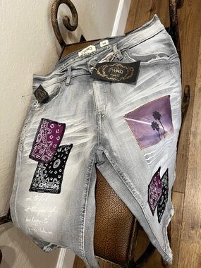 Brand New FWRD Gray Distressed Jeans Shorts Stretch Purple, Blue &🌴 patchwork!